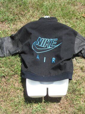Nike Air Black Leather Arms Bomber Jacket Aqua Blue Lettering Varsity Vintage